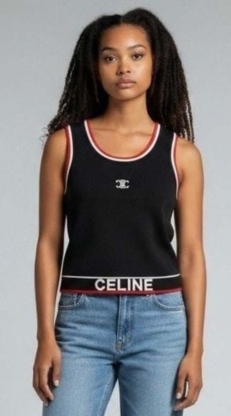 Celine Black Knit Striped Crop Top with Triomphe Logo